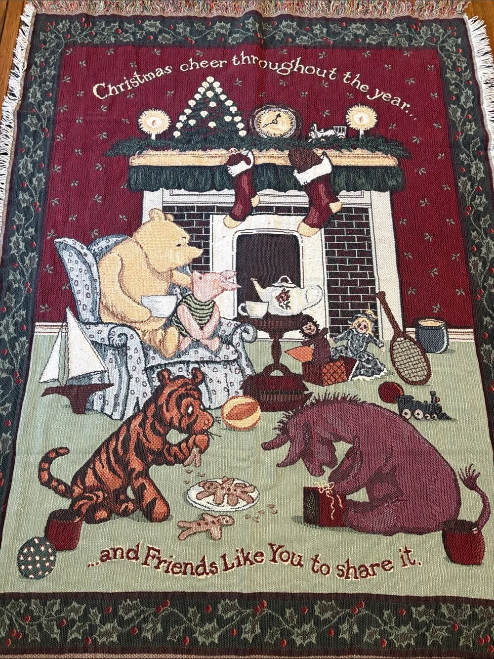 Disney Classic Pooh Christmas Fringed Throw Tapestry Blanket Goodwin Weavers